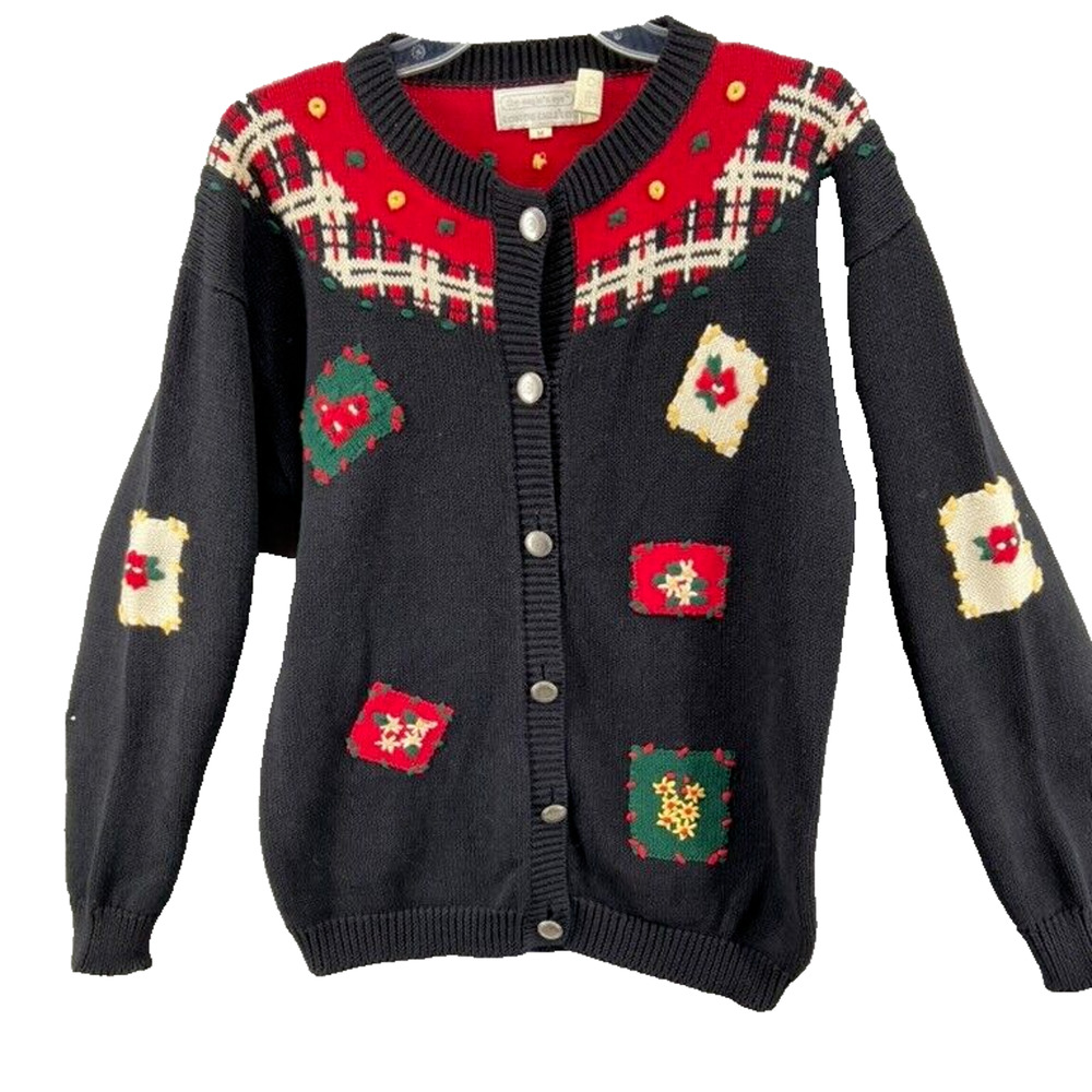Vintage The Eagle’s Eye Cardigan SZ Medium Blue Red Floral Patches Plaid